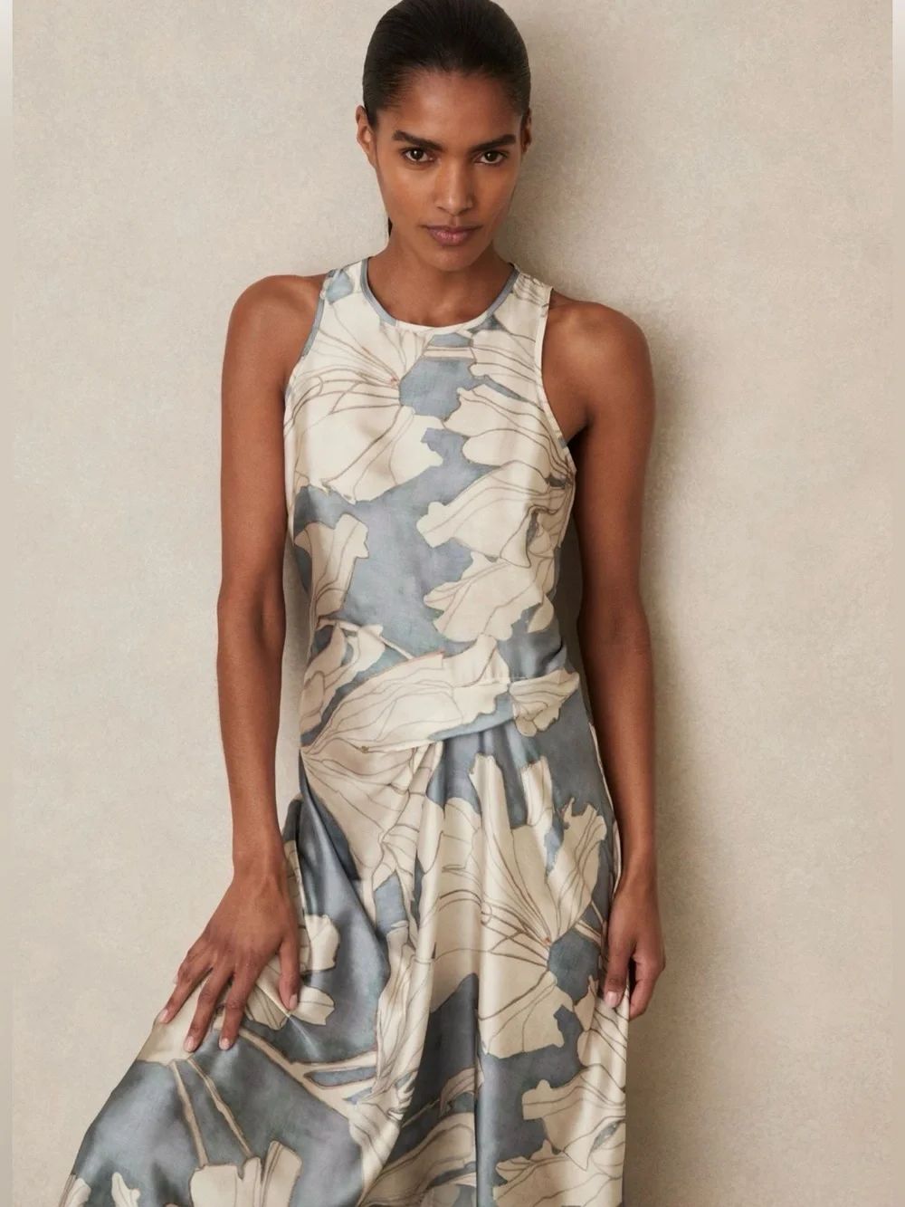 REISS Mieke Satin Floral Drape Midi Dress in Blue Size US 2 NEW with tag